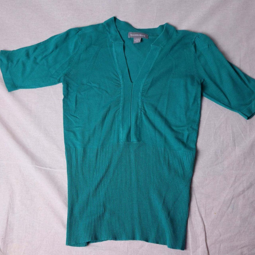 Beechers Brook Womens Teal Green V-Neck Ribbed Hem Short Sleeve Knit Top Medium - Picture 3 of 9